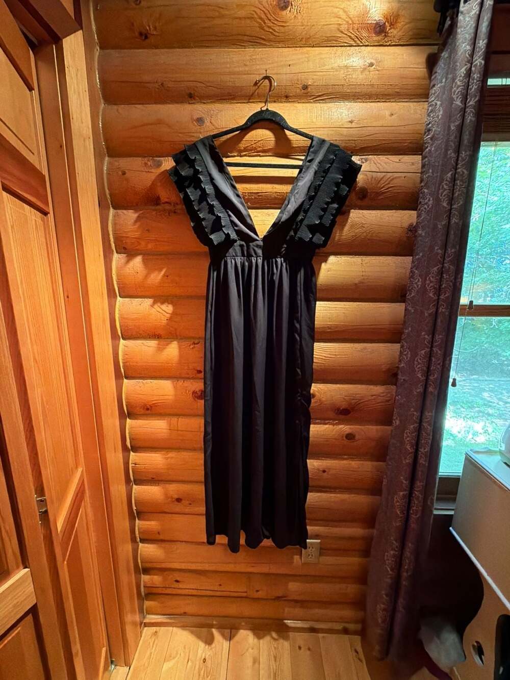Black V-Neck Ruffle Sleeve Maxi Dress Flowy A-Line Party Gown